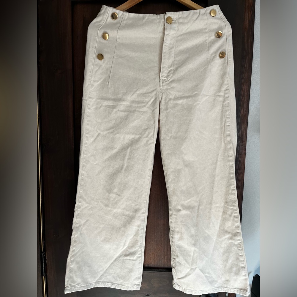 Zara Chic Cream Wide-Leg Pants with Gold Buttons